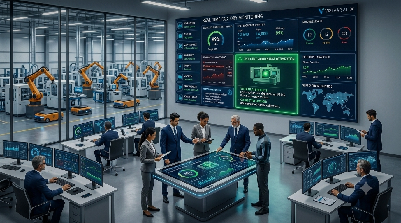 Real-time factory monitoring dashboard alerting a plant manager with Vistaar AI